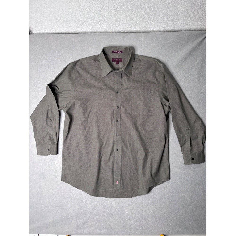 Nordstrom Smartcare Mens Dress Shirt 17.5 34 Olive Green Micro Check Cotton LS